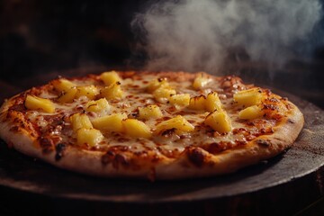 Close-up of Delicious Hot Hawaiian Pizza with Pineapple and Steam