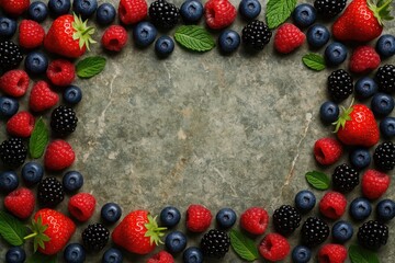 Juicy berries displayed on a rustic stone surface