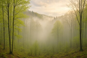 Springtime woodland shrouded in mist after rainfall
