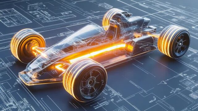 Wireframe model of a race car on a blueprint.