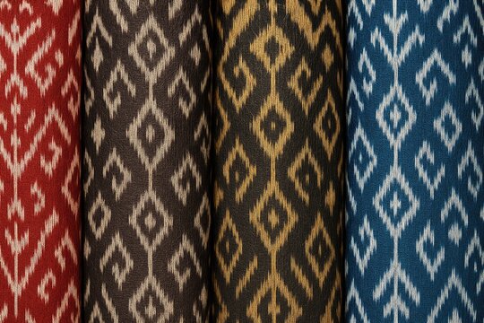 Detailed view of vibrant traditional fabrics featuring diverse patterns, crafted from natural fibers by local artisans in Southeast Asia