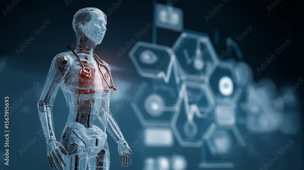 Poster Futuristic humanoid robot with stethoscope symbolizes integration of AI in healthcare, set against digital interface background. This highlights technological advancements