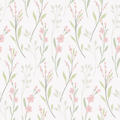 Seamless floral pattern, liberty ditsy print of delicate wildflowers in pastel colors. Romantic botanical design of small hand drawn flowers, tiny leaves, thin twigs, white field. Vector illustration.