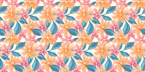 Seamless floral pattern, liberty ditsy print with gentle hand drawn flowers in delicate pastel colors. Artistic botanical design of small flowers, leaves, blooming spring buds. Vector illustration.