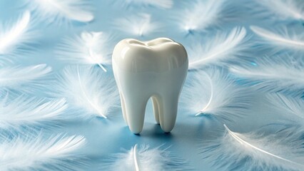 Emphasizing a light and gentle approach to dentistry, a perfect white tooth is nestled among numerous fluffy white feathers on a serene blue surface. Ideal for themes of painless procedures, soothing 