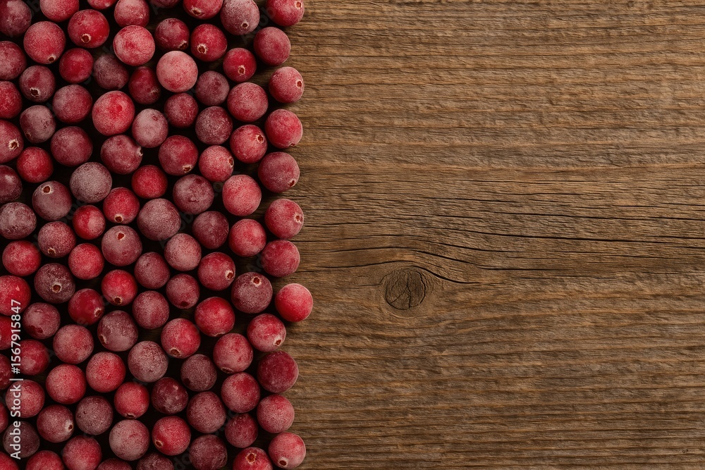Aufkleber frozen berries arranged on weathered wooden surface with top-down perspective and empty space for te