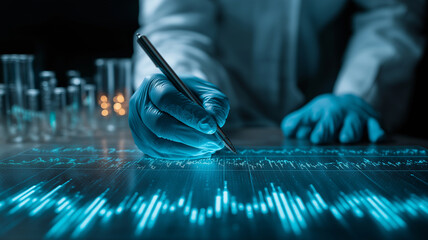 Scientist wearing gloves analyzes data on digital screen, focusing on graphs and charts. setting suggests high tech laboratory environment, emphasizing innovation and precision