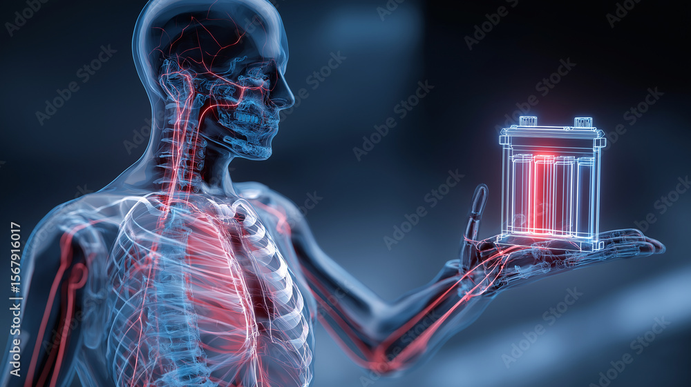 Aufkleber digital illustration of human skeleton with visible circulatory system holding glowing battery, symb
