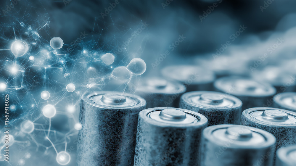 Poster batteries and digital network concept with lithium battery technology and ai diagnostics. image show