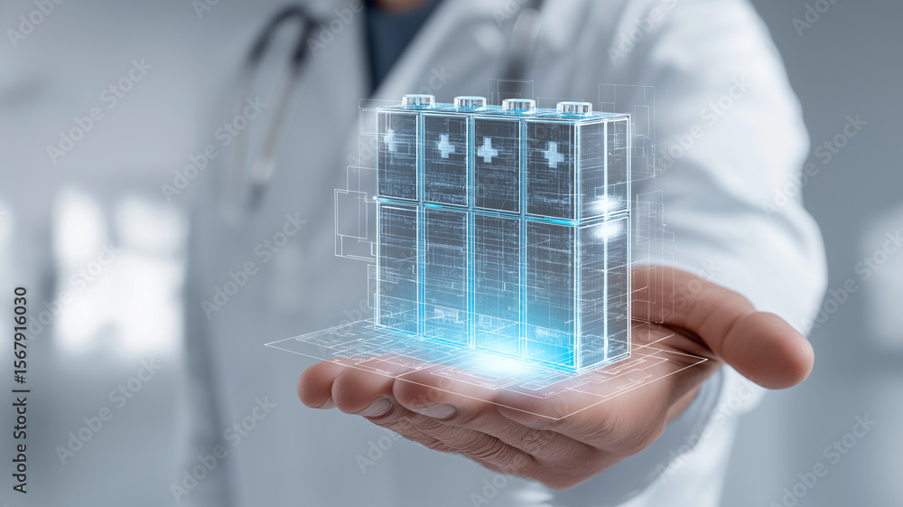 Poster doctor holds holographic representation of advanced lithium battery technology, symbolizing innovati