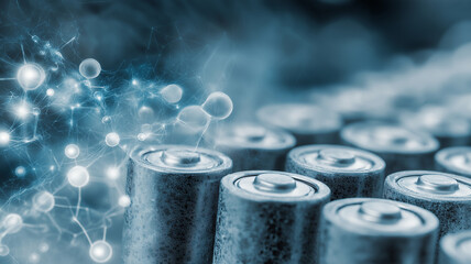 Batteries and digital network concept with lithium battery technology and AI diagnostics. image shows futuristic blend of energy storage and healthcare innovation