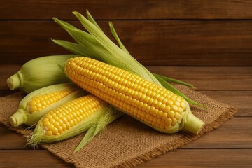 Fresh Organic Sweet Corn on the Cob with Natural Vegetables on Rustic Background