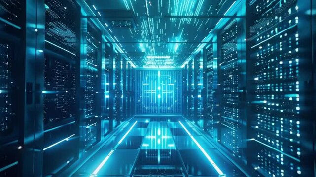 Glowing Blue Proxy Server &ndash; Data Stream and Firewall Rerouting in Futuristic Server Room