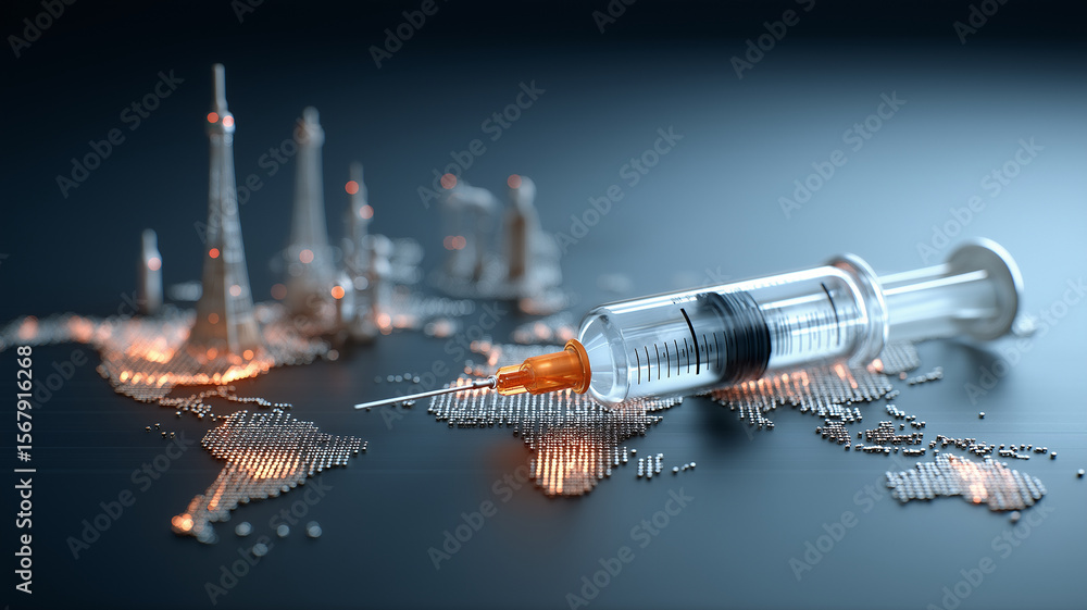 Poster syringe rests digital map of world, symbolizing global vaccine distribution and development. image h