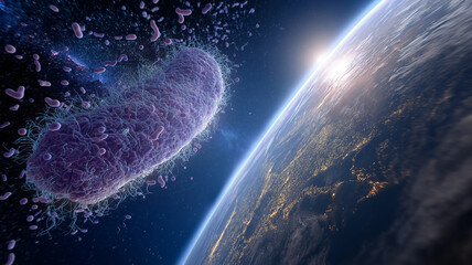 Giant bacterium floats in space near Earth, symbolizing concept of microbiome and gut health in cosmic context. image creatively blends science and imagination