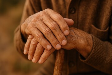 Elderly man's hands gripping a cane