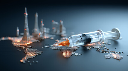 Syringe rests digital map of world, symbolizing global vaccine distribution and development. image highlights intersection of healthcare and geopolitics, emphasizing importance of mRNA technology