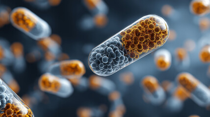 Close up of transparent capsules filled with orange and gray nanoparticles, representing advanced nanotechnology drug delivery systems. image conveys innovation and futuristic healthcare solutions
