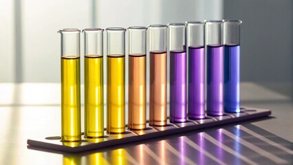 A vibrant spectrum of chemical solutions in a test tube rack, transitioning from yellow to purple, alongside a conical flask containing a bright yellow liquid