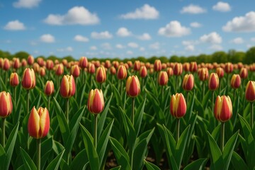 A field of vibrant bi-colored tulips in a famous garden