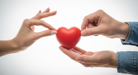 Fototapeta premium A female hand offers a red heart to a male hand, symbolizing love, care, giving, and connection, on a bright, minimalist background