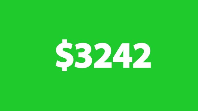 Animated Count up dollar from $0 to $6000. Number Count 6000 Dollars. Dollar increasing calculate video. Money Growth, Currency Rising, Financial Increase, Economic Boost. green background.