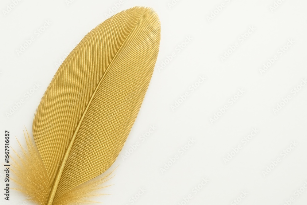 Poster close-up of a golden feather on a white backdrop with ample space for text