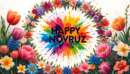 Happy novruz celebration with colorful floral wreath and paint splash on a white background art