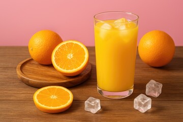 Vibrant glass of citrus beverage against a rosy backdrop