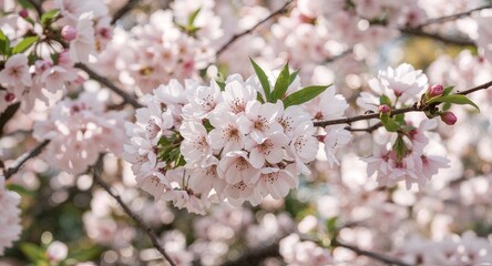 Close up view of cherry blossom flowers on a branch with green leaves in soft focus background scene