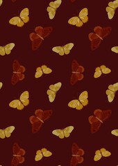 Pattern featuring butterflies in shades of yellow and maroon on a dark red background.