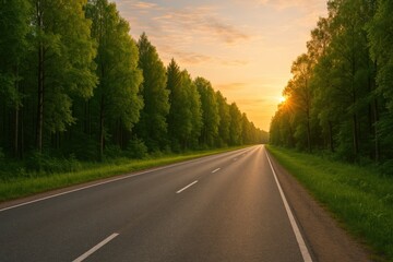 Empty asphalt highway bordered by lush green trees during sunrise in a rural summer setting