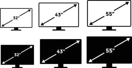 smart tv screen sizes icon set. 32, 43, 55,60 inches .Display Screen Symbol. Computer monitor. Screen inches size. mass category of laptops
