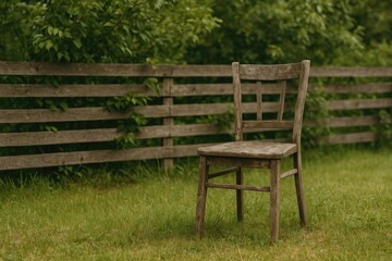 Worn-out chair beside a wooden fence with foliage, symbolizing loss and mourning