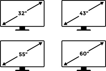 smart tv screen sizes icon set. 32, 43, 55,60 inches. Display Screen Symbol. Computer monitor. Screen inches size. mass category of laptops
