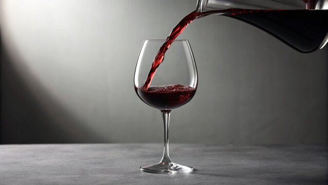 A smooth stream of dark red wine flows gracefully into a crystal wine glass, highlighting its rich color and inviting texture against a simple, dimly lit background. Perfect for conveying a sense  - Powered by Adobe