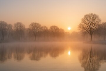 Obraz premium Morning mist over the lake at an amusement park during winter, as the sunrise begins to dispel the darkness.