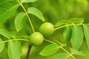 Fresh green walnut growing on a vibrant young tree