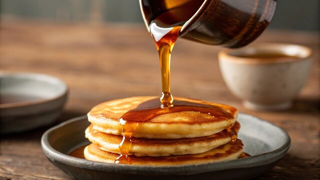 A rich stream of amber syrup drips down a stack of freshly made pancakes, highlighting their warm, inviting texture. This close-up shot perfectly captures the allure of a classic, delightful morning  - Powered by Adobe