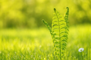 Vibrant fern growing in a sunlit meadow during springtime morning