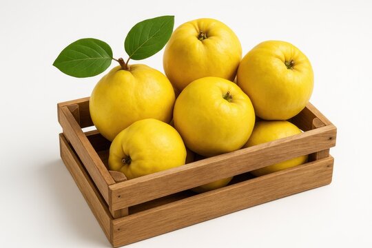 Fresh quince produce arranged in a wooden box against a white backdrop