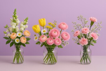 Vases of vibrant blooms set against a purple wall backdrop