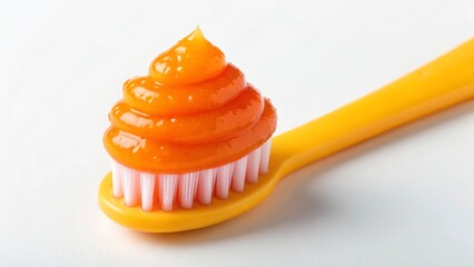 A whimsical and unexpected close-up of a white toothbrush with orange-tinted bristles, surprisingly topped with shimmering, translucent orange beads resembling caviar