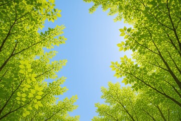 Fototapeta premium Looking Up at Verdant Tree Foliage Under a Clear Blue Sky During Spring