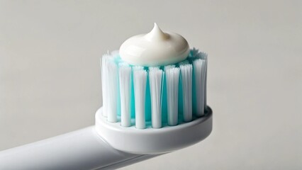 A crisp, close-up shot of a white toothbrush head with vibrant aqua-blue bristles, perfectly topped with a neat dollop of white toothpaste, suggesting readiness for daily oral hygiene
