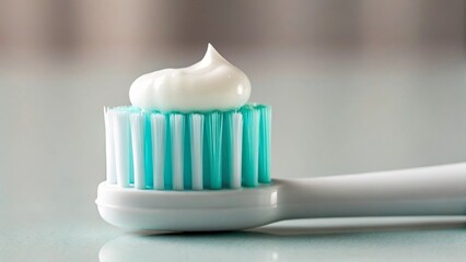 Highlighting essential morning rituals, this image captures a fresh toothbrush with its turquoise bristles generously coated with white toothpaste. The focus on the brush head emphasizes cleanliness