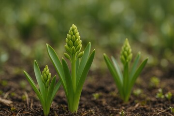 Fototapeta premium Early spring blossoms emerging in the garden with lush green buds up close, emphasizing selective focus.