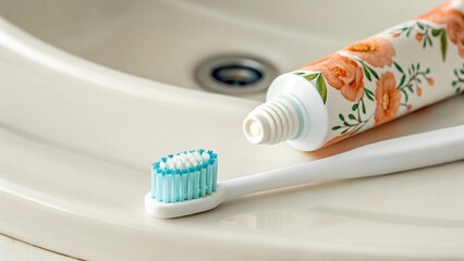 A close-up shot of a white toothbrush with light blue bristles resting next to an open tube of toothpaste adorned with a floral pattern, set against the backdrop of a clean, white bathroom sink
