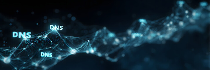 This visual representation highlights the DNS structure with glowing links between IP addresses and domain names, set against a dark blue backdrop,
