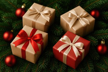 Obraz premium Festive gift boxes adorned with holiday greenery and ornaments in a detailed close-up